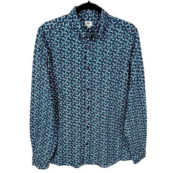 KiN by John Lewis Blue Geometric Print Long Sleeve Button Down Shirt Men’s Large - Picture 1 of 9